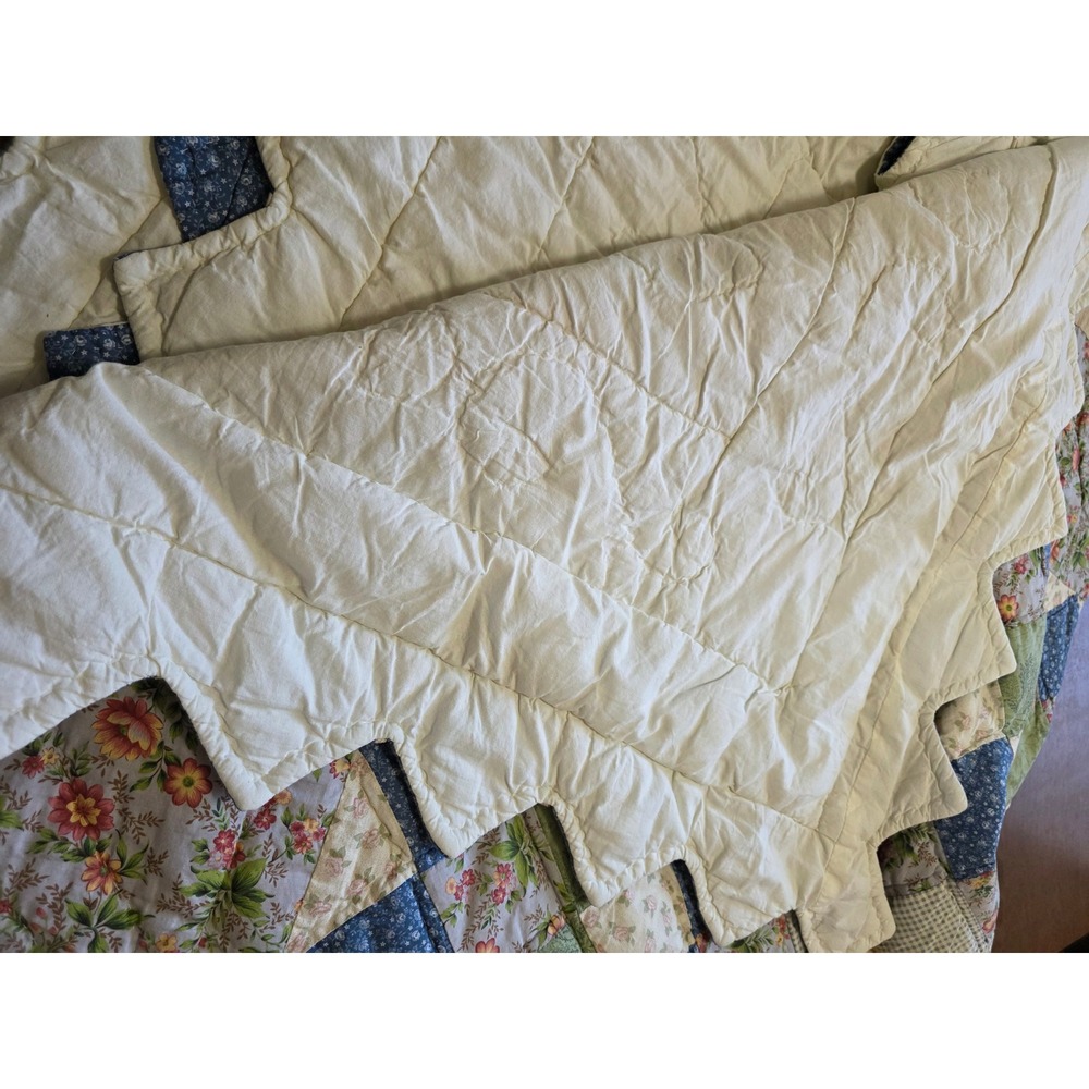 Handmade Patchwork Quilt Floral Gingham Blue Green Yellow Sawtooth Border 81x78 - Picture 3 of 10
